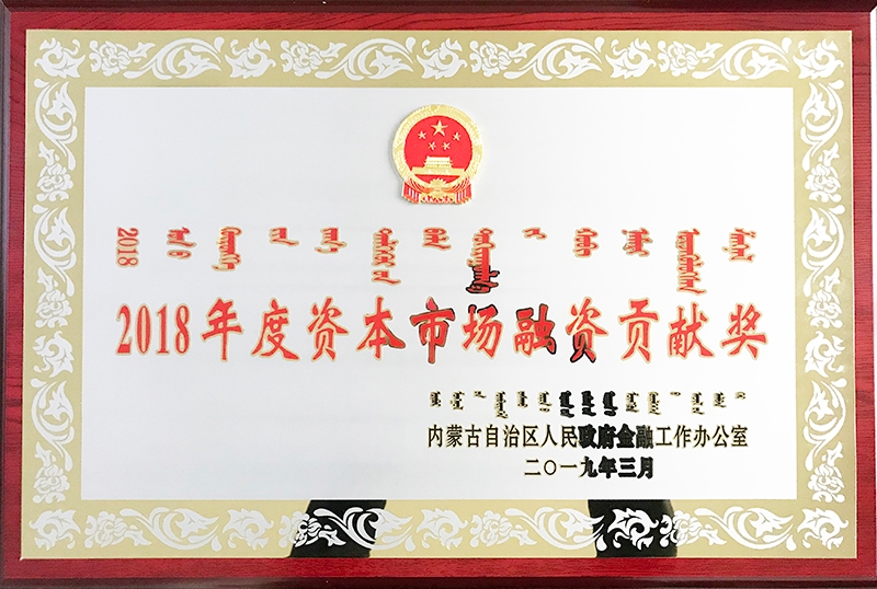 2018年獲內蒙古自治區金融部資本市場融資貢獻獎