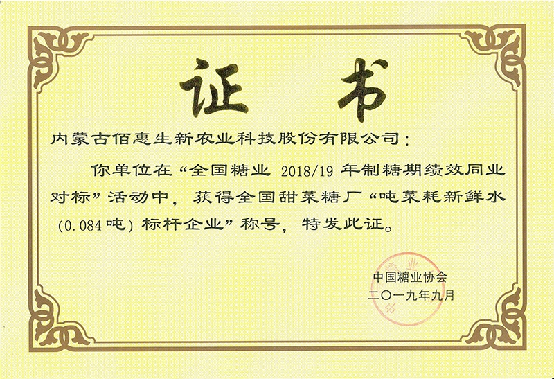 2019年獲中國糖協噸菜耗水對標活動標杆
